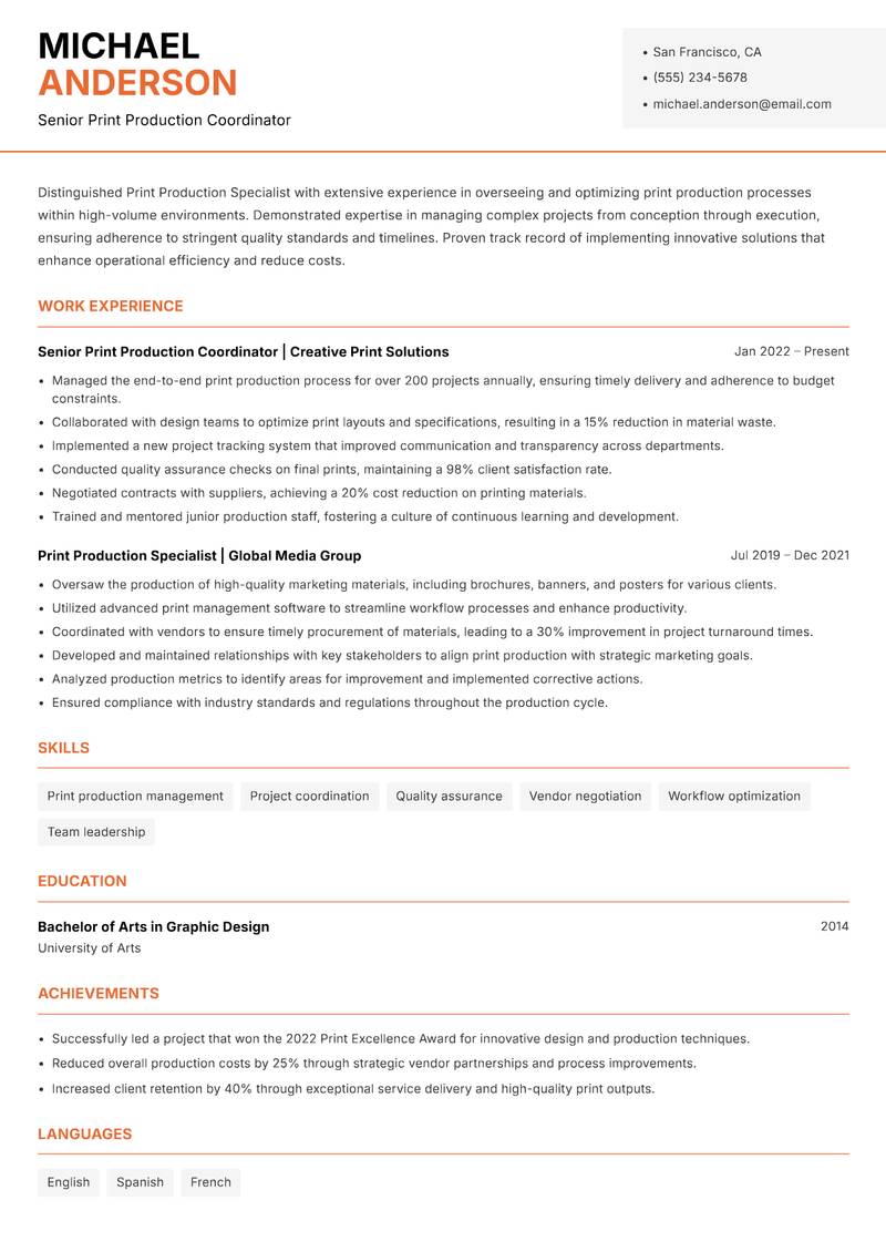 Print Production Specialist resume sample — Senior Print Production Coordinator focus