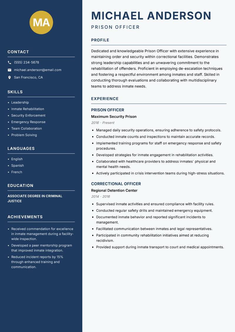 Prison Officer resume sample — Prison Officer focus
