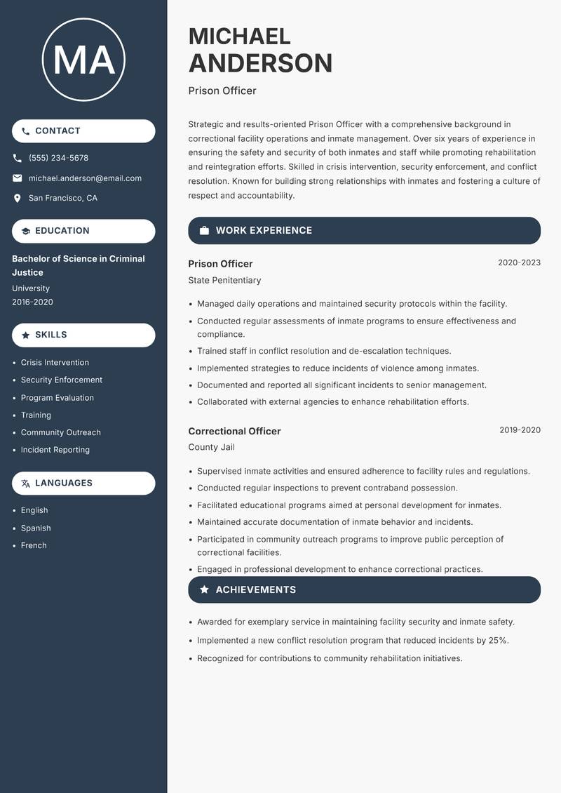 Prison Officer resume sample — Prison Officer focus