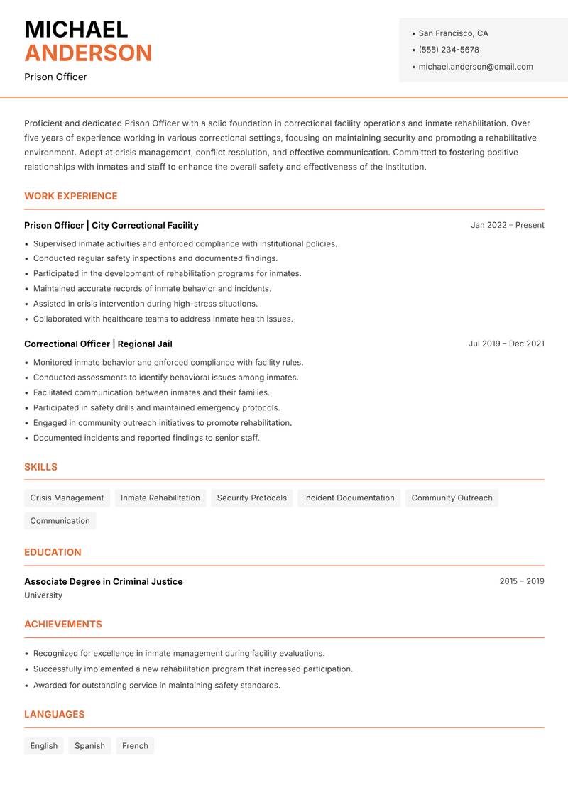 Prison Officer resume sample — Prison Officer focus