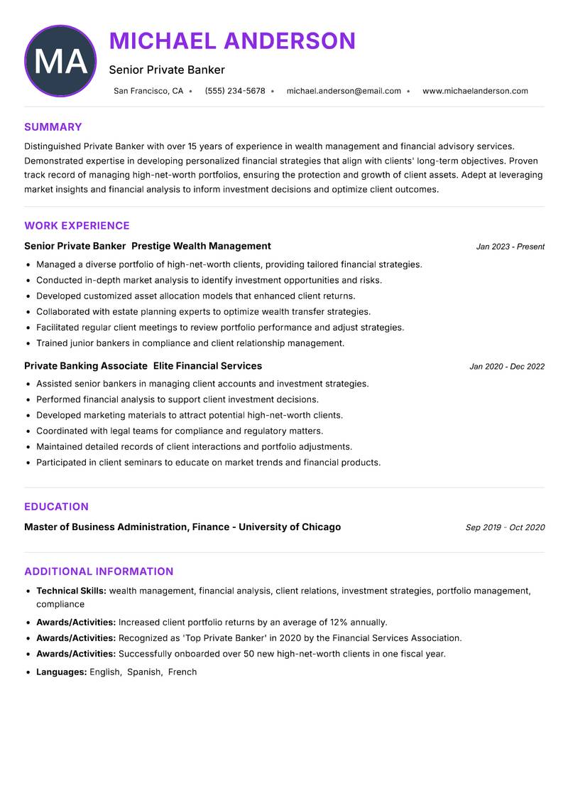 Private Banker resume example