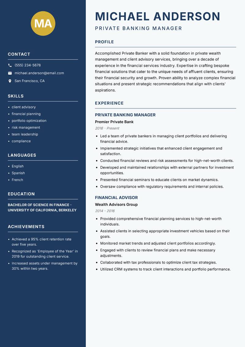 Private Banker resume sample — Private Banking Manager focus