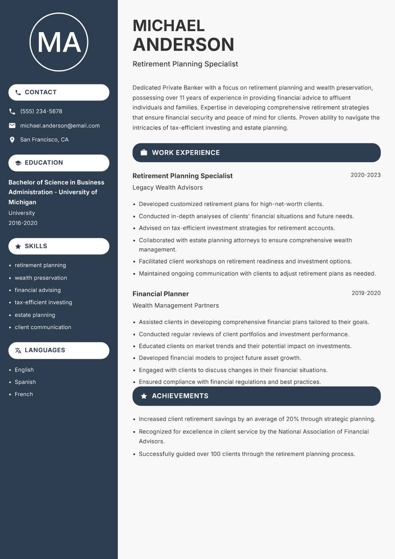 Private Banker resume sample — Retirement Planning Specialist focus