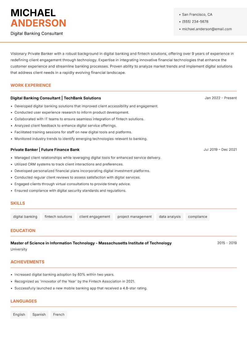 Private Banker resume sample — Digital Banking Consultant focus