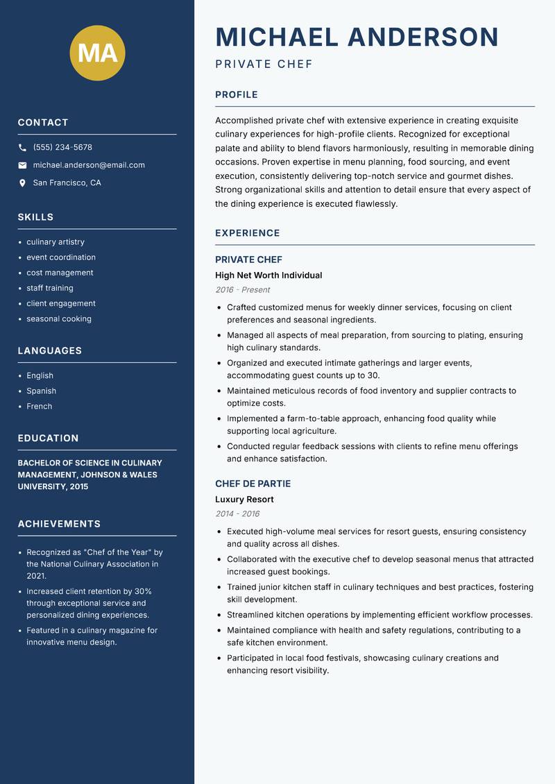 Private Chef resume sample — Private Chef focus