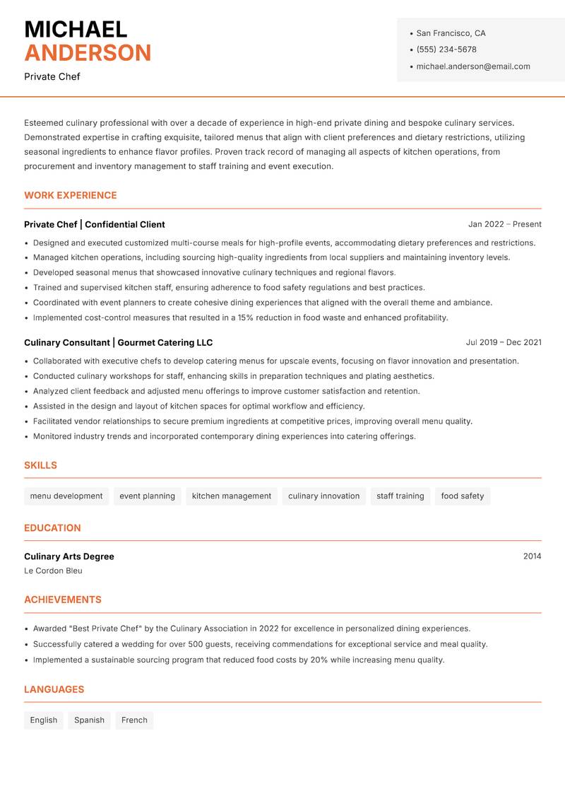 Private Chef resume sample — Private Chef focus