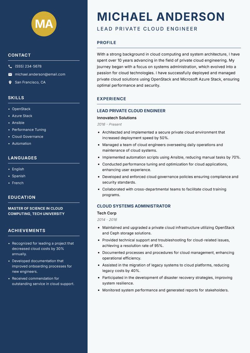 Private Cloud Engineer resume sample — Lead Private Cloud Engineer focus