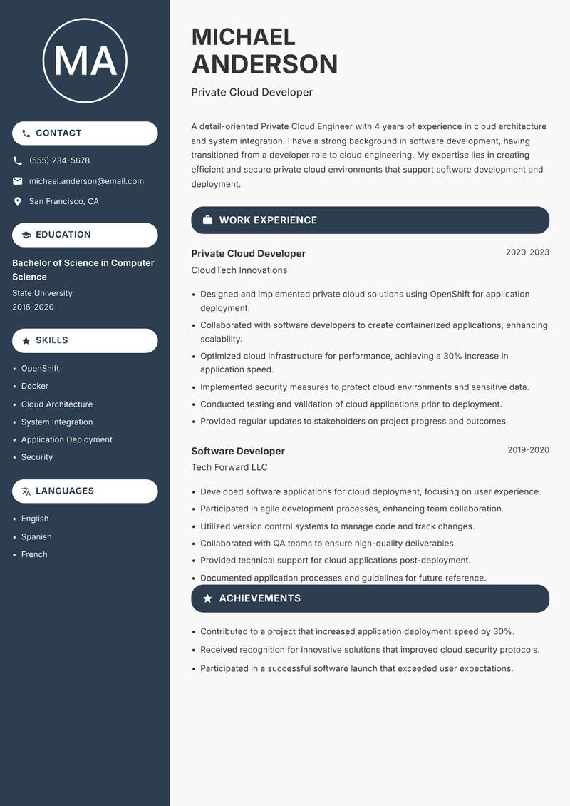 Private Cloud Engineer resume sample — Private Cloud Developer focus
