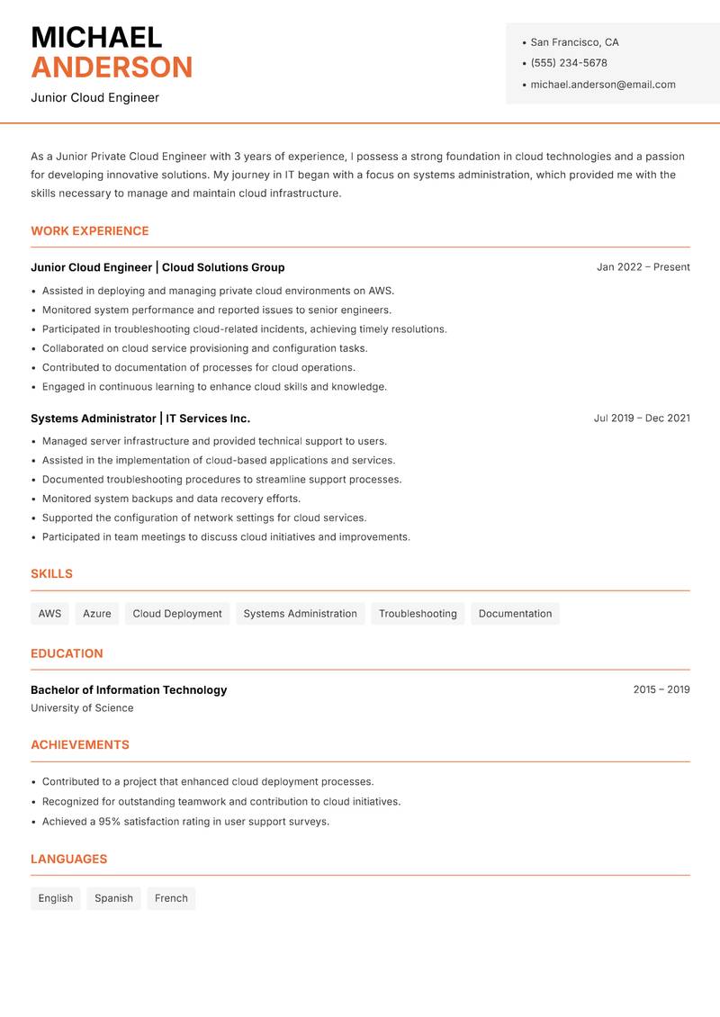 Private Cloud Engineer resume sample — Junior Cloud Engineer focus