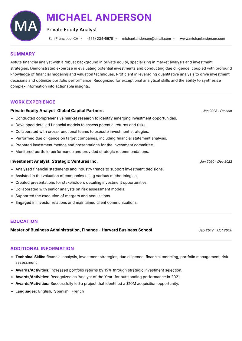 Private Equity Analyst resume example