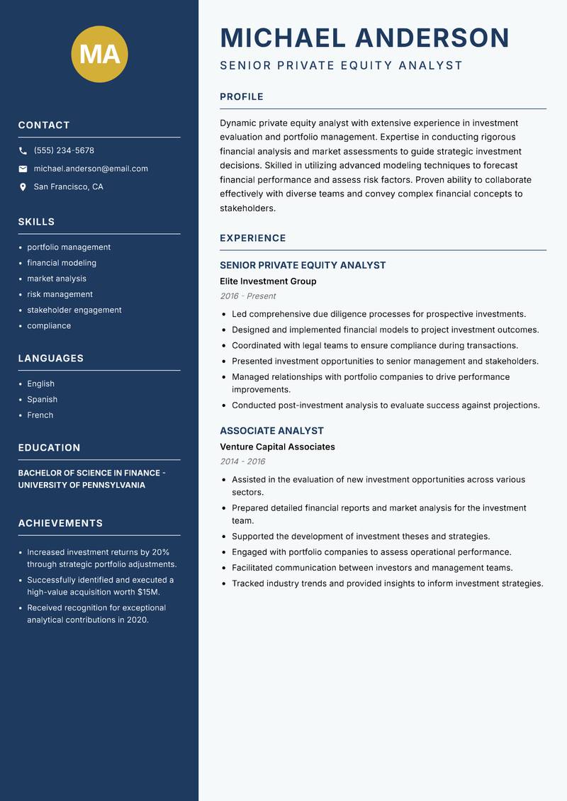 Private Equity Analyst resume sample — Senior Private Equity Analyst focus