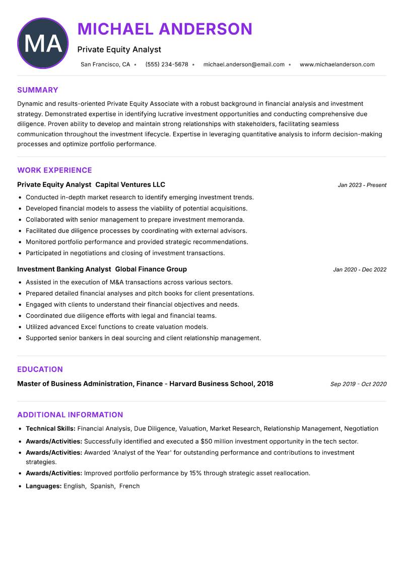 Private Equity Associate resume example