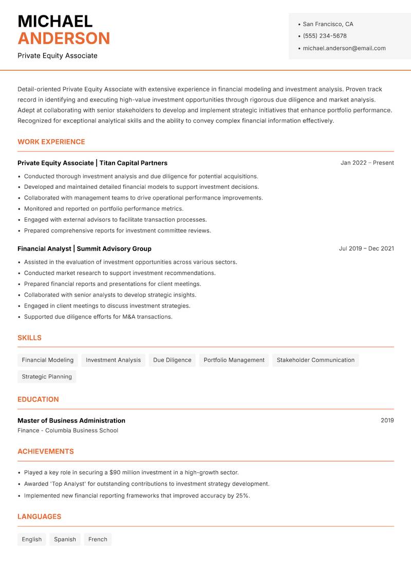 Private Equity Associate resume sample — Private Equity Associate focus