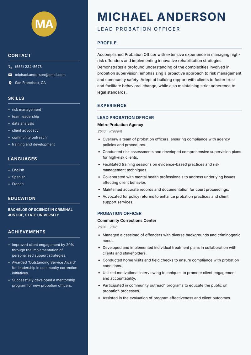 Probation Officer resume sample — Lead Probation Officer focus