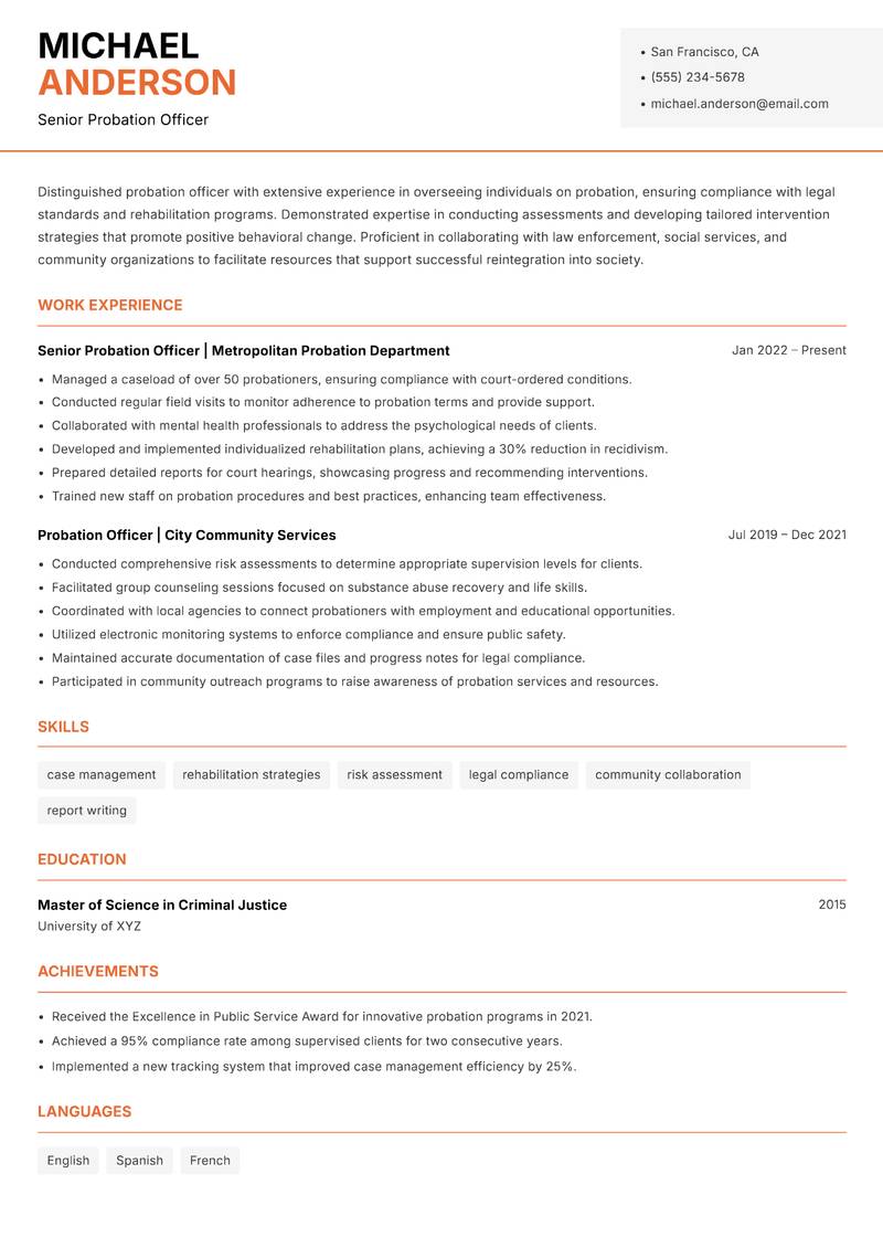 Probation Officer resume sample — Senior Probation Officer focus