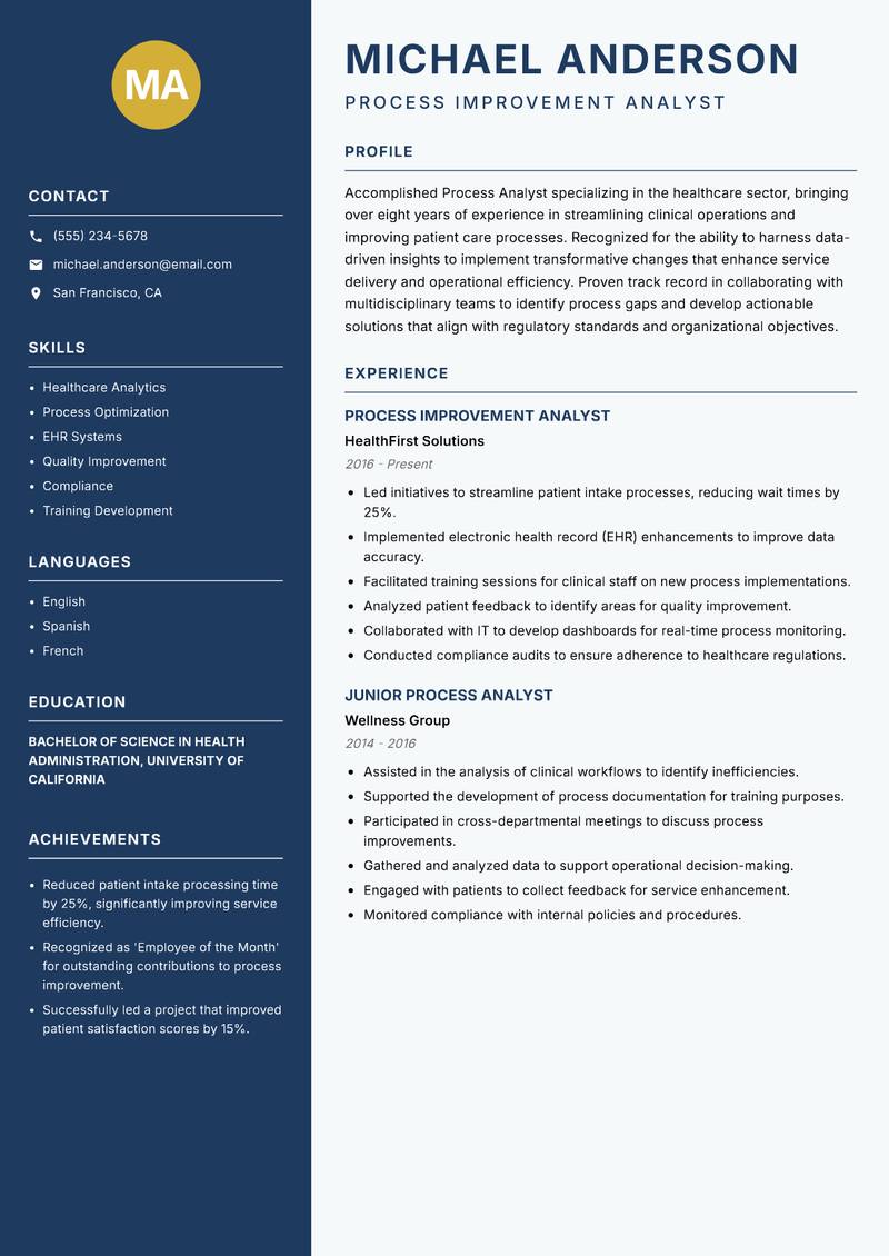 Process Analyst resume sample — Process Improvement Analyst focus