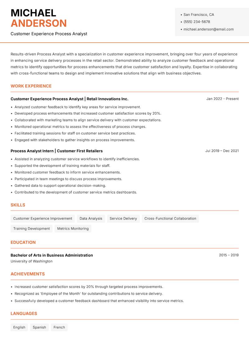 Process Analyst resume sample — Customer Experience Process Analyst focus