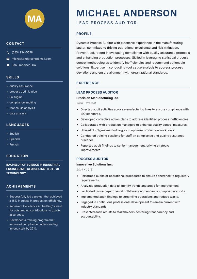 Process Auditor resume sample — Lead Process Auditor focus