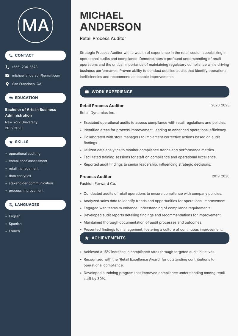 Process Auditor resume sample — Retail Process Auditor focus