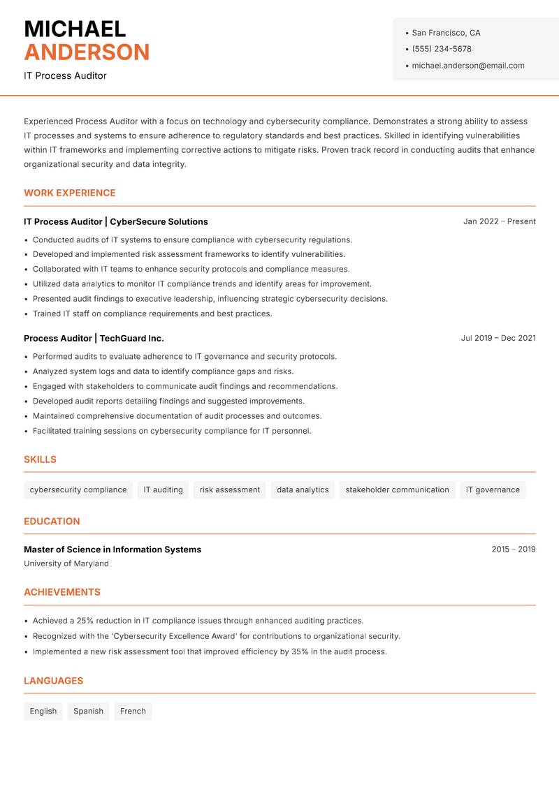 Process Auditor resume sample — IT Process Auditor focus