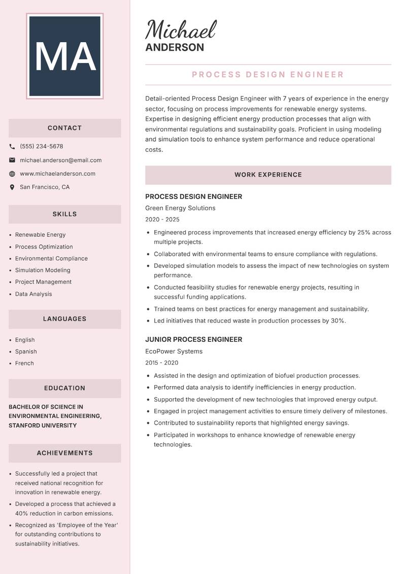 Process Design Engineer resume sample — Process Design Engineer focus