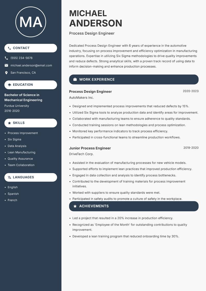 Process Design Engineer resume sample — Process Design Engineer focus