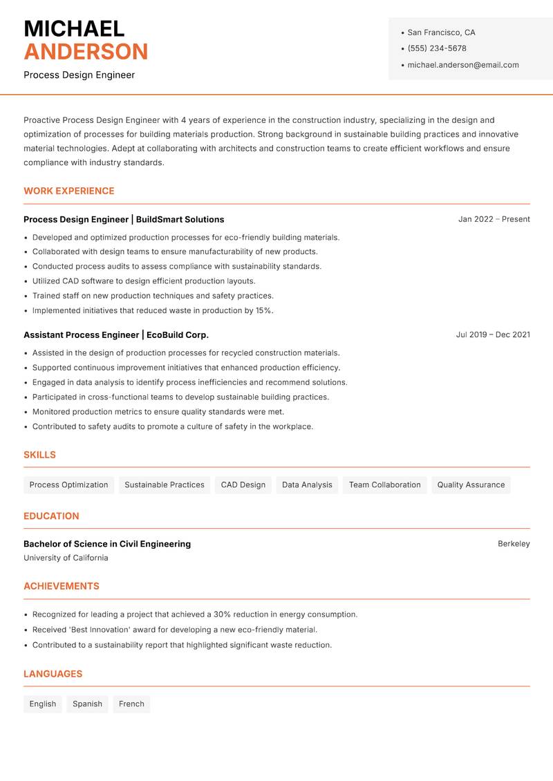 Process Design Engineer resume sample — Process Design Engineer focus