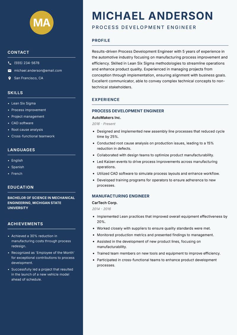 Process Development Engineer resume sample — Process Development Engineer focus