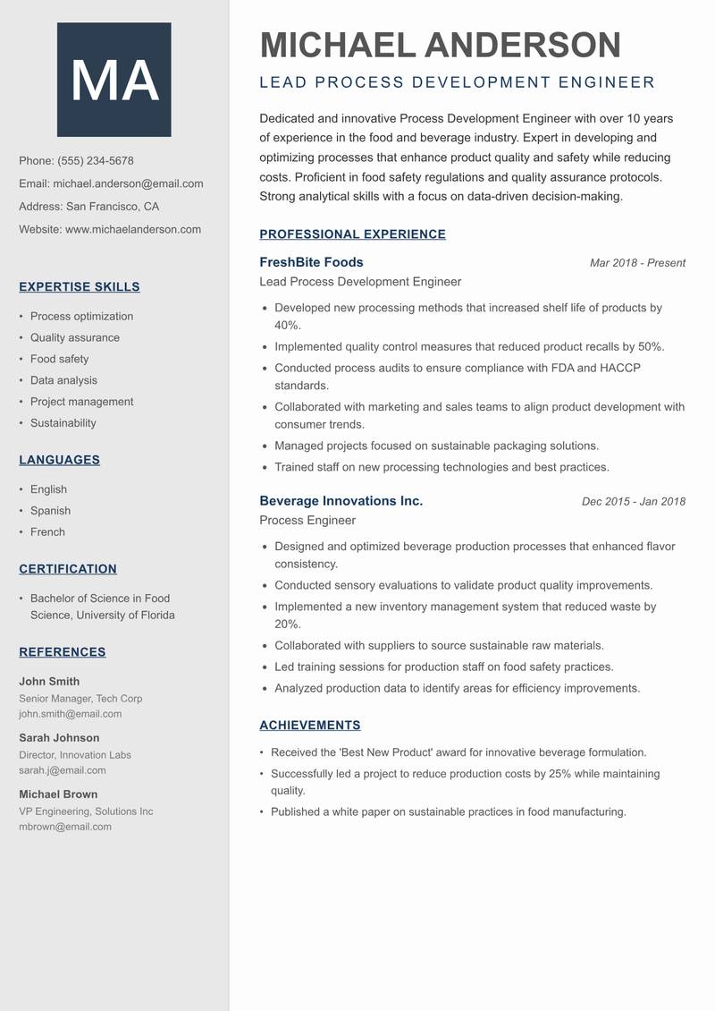 Process Development Engineer resume sample — Lead Process Development Engineer focus