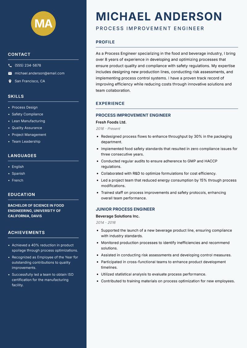 Process Engineer resume sample — Process Improvement Engineer focus