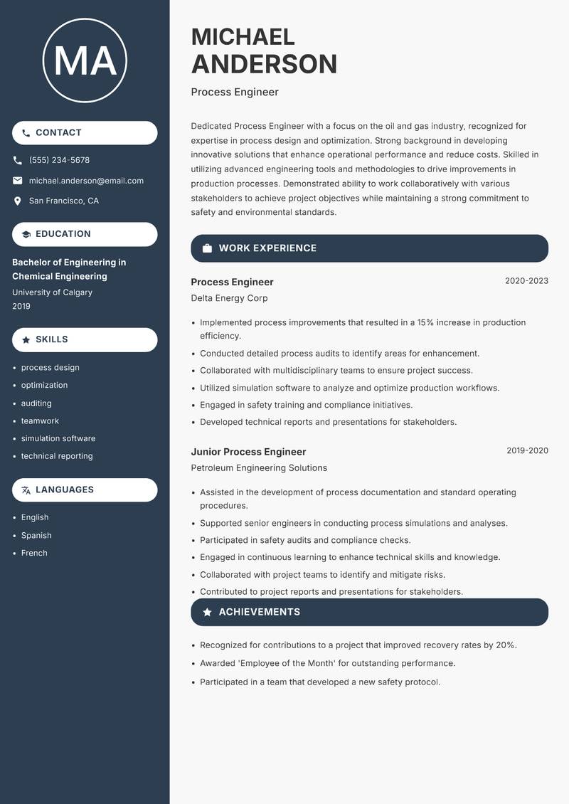 Process Engineer Oil Gas resume sample — Process Engineer focus
