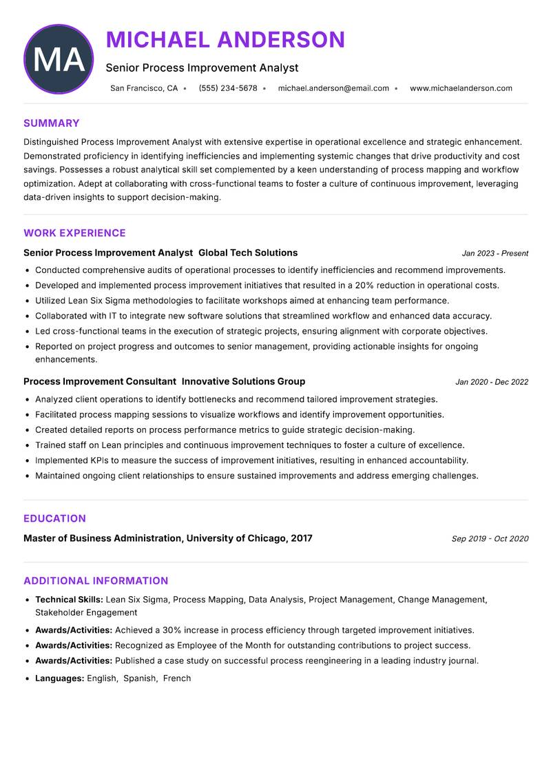 Process Improvement Analyst resume example