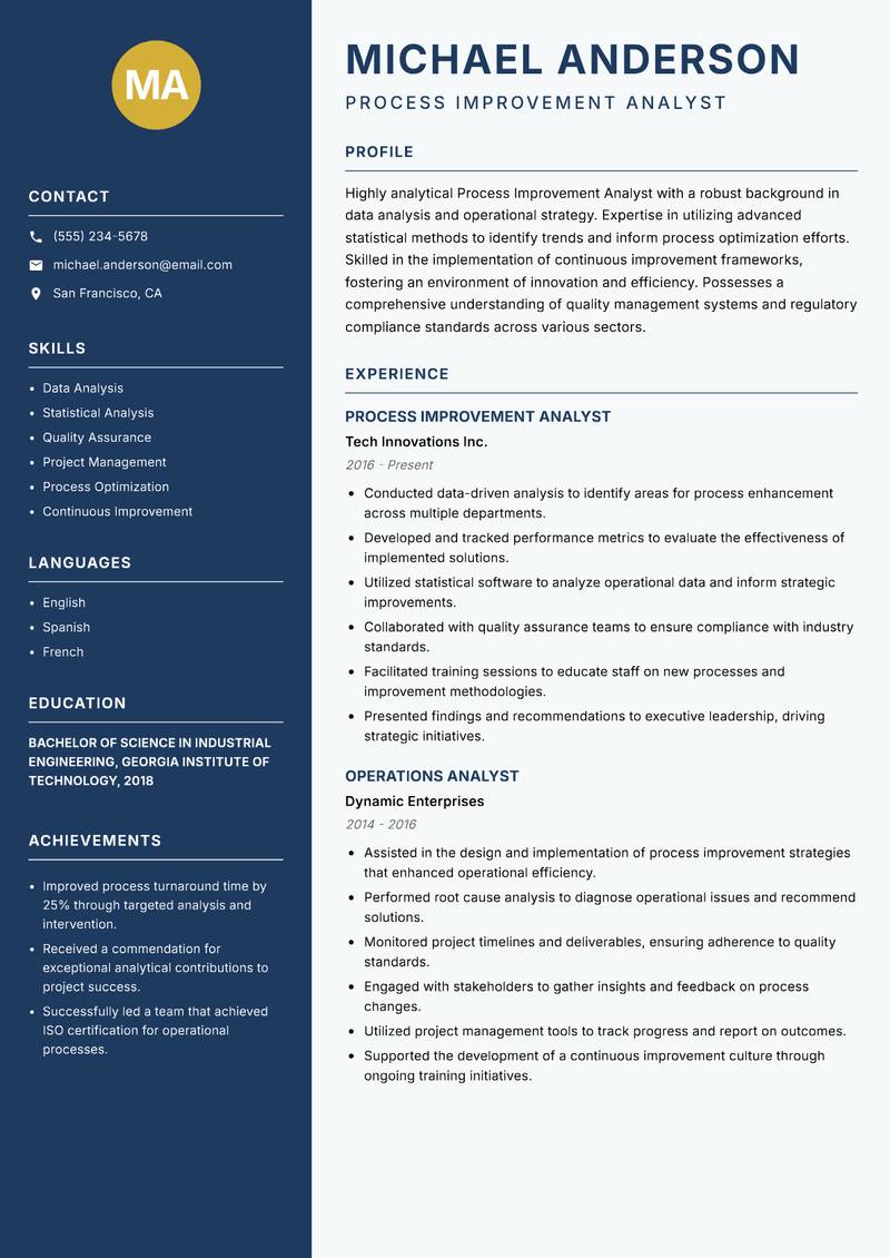 Process Improvement Analyst resume sample — Process Improvement Analyst focus