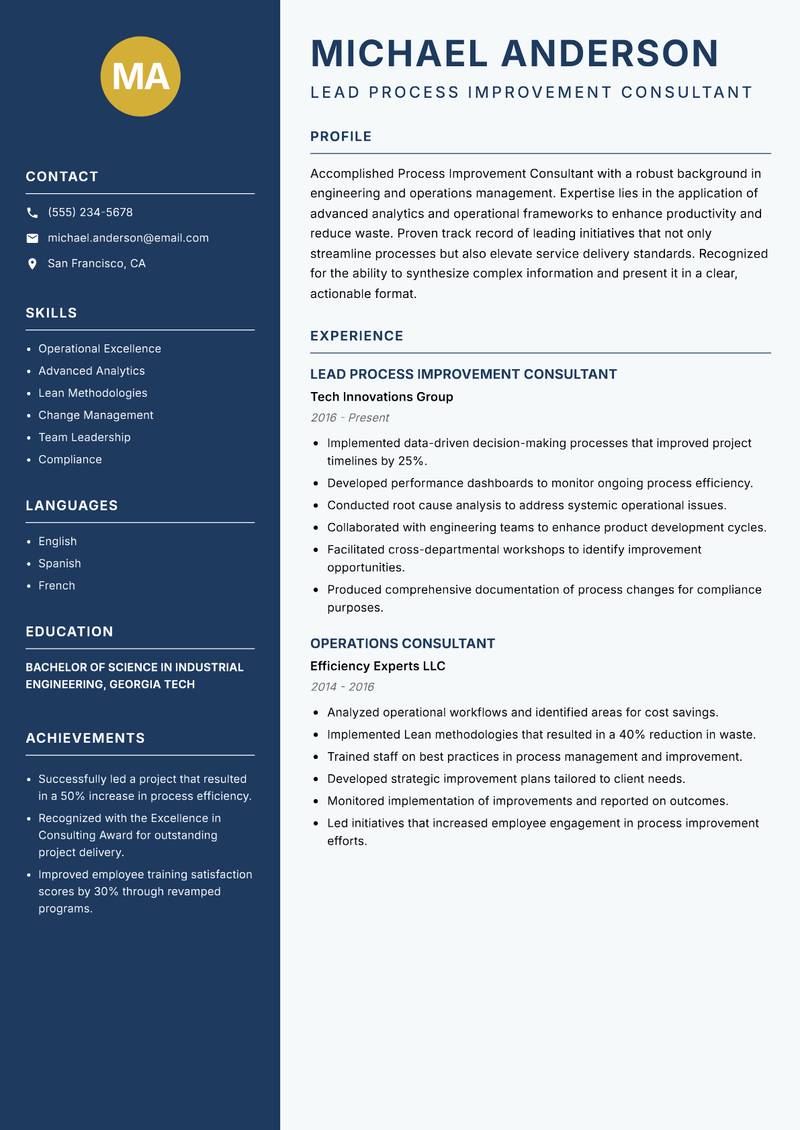 Process Improvement Consultant resume sample — Lead Process Improvement Consultant focus