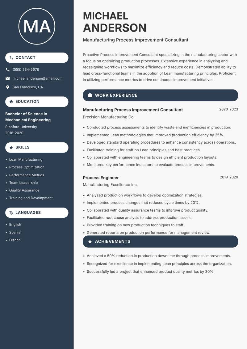 Process Improvement Consultant resume sample — Manufacturing Process Improvement Consultant focus
