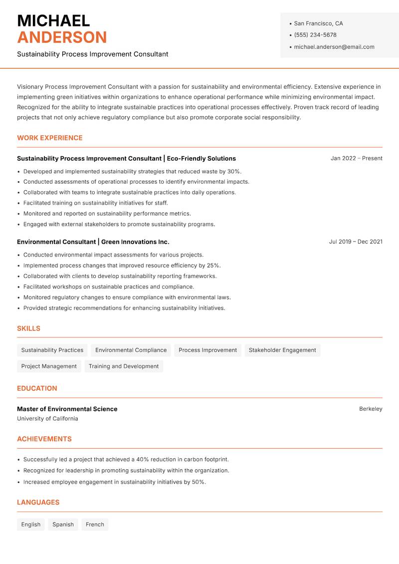 Process Improvement Consultant resume sample — Sustainability Process Improvement Consultant focus