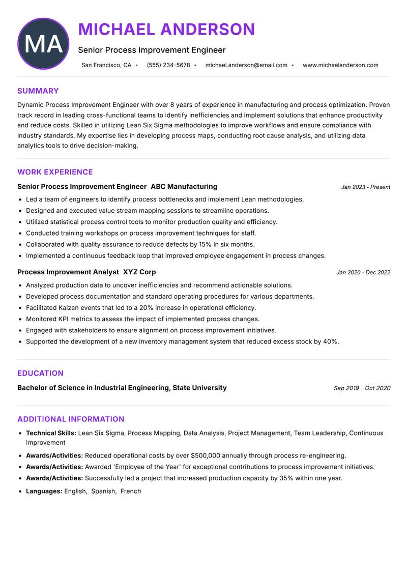 Process Improvement Engineer resume example