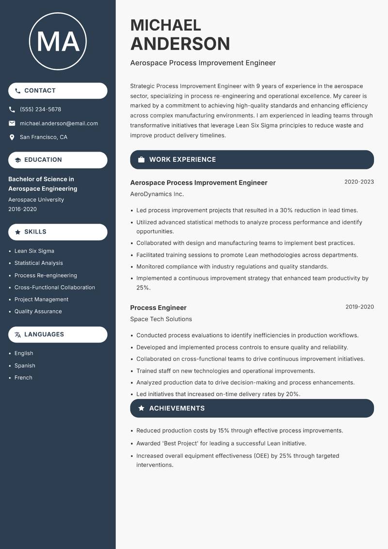 Process Improvement Engineer resume sample — Aerospace Process Improvement Engineer focus