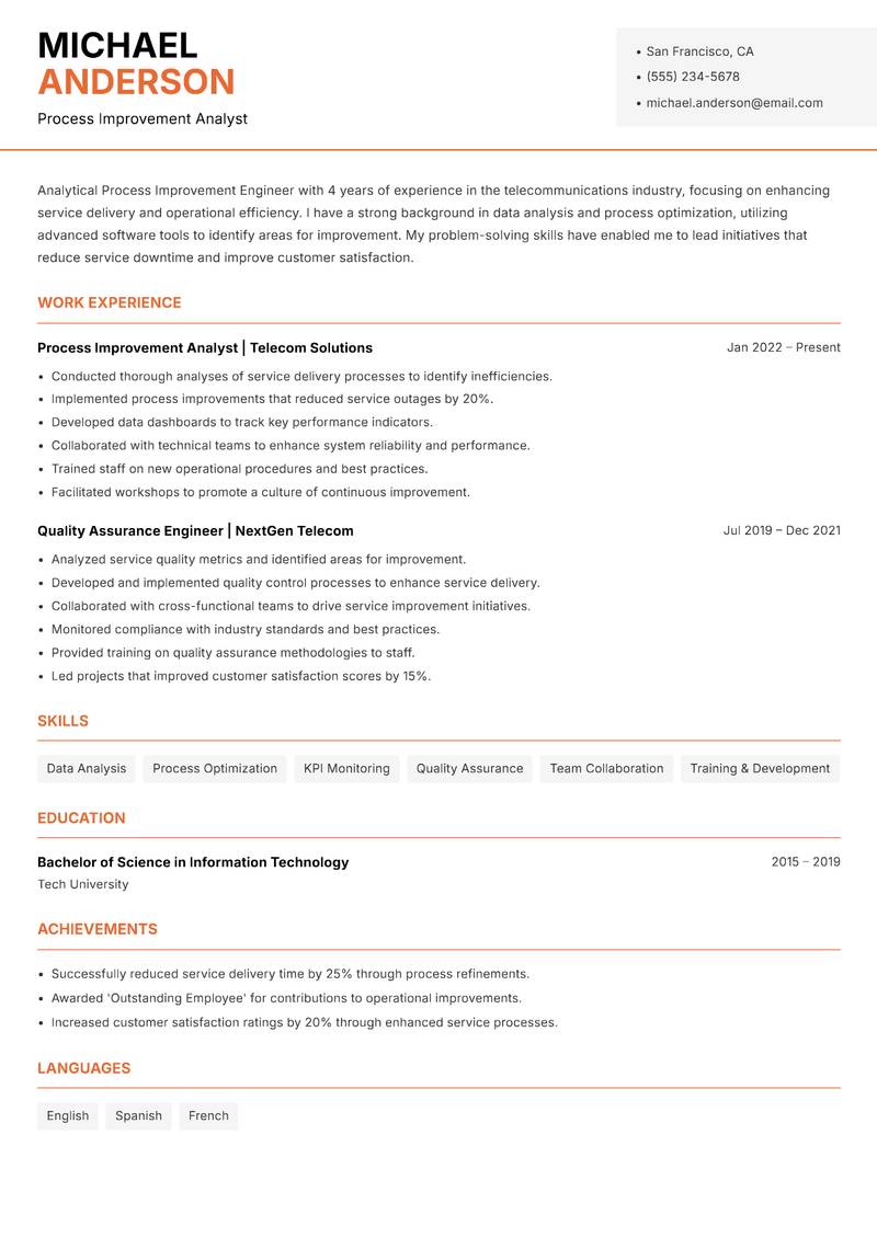 Process Improvement Engineer resume sample — Process Improvement Analyst focus