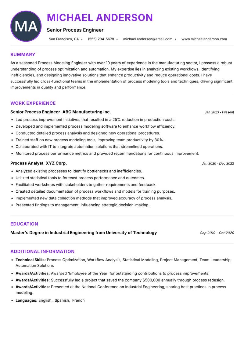 Process Modeling Engineer resume example