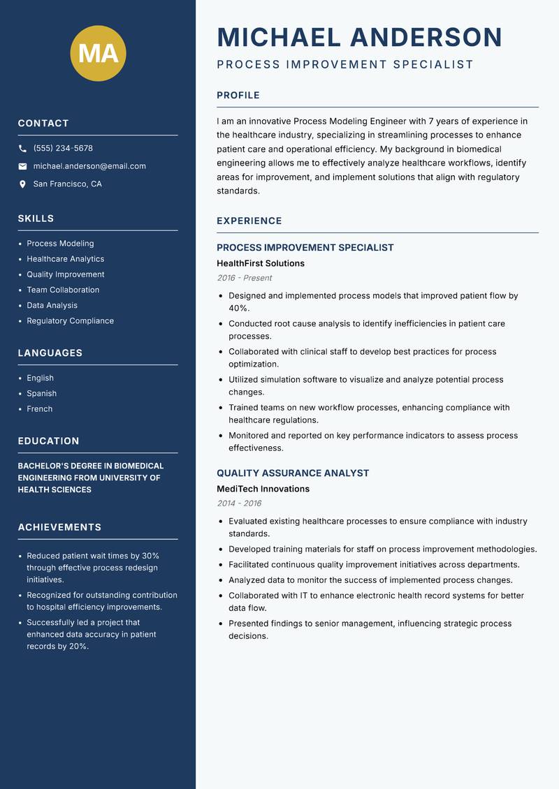 Process Modeling Engineer resume sample — Process Improvement Specialist focus