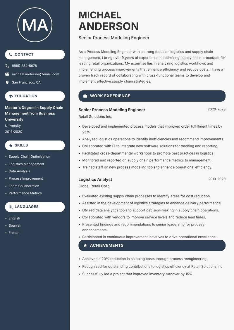 Process Modeling Engineer resume sample — Senior Process Modeling Engineer focus