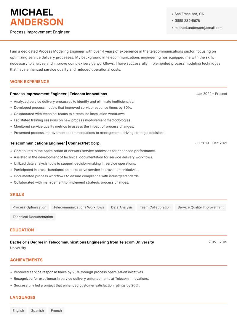 Process Modeling Engineer resume sample — Process Improvement Engineer focus