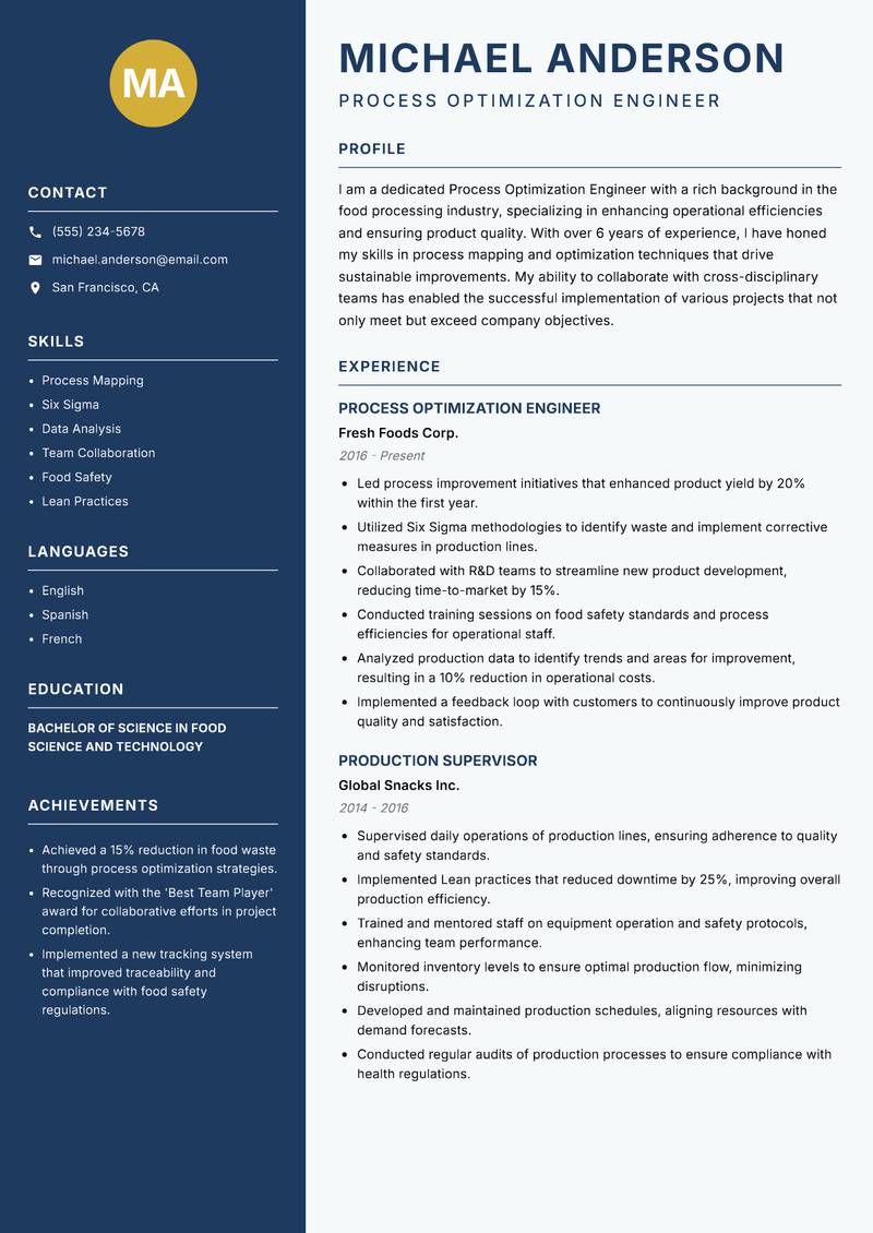 Process Optimization Engineer resume sample — Process Optimization Engineer focus