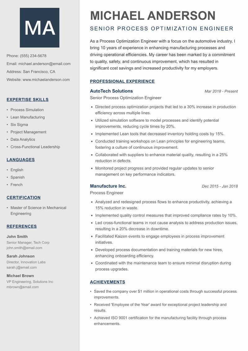 Process Optimization Engineer resume sample — Senior Process Optimization Engineer focus