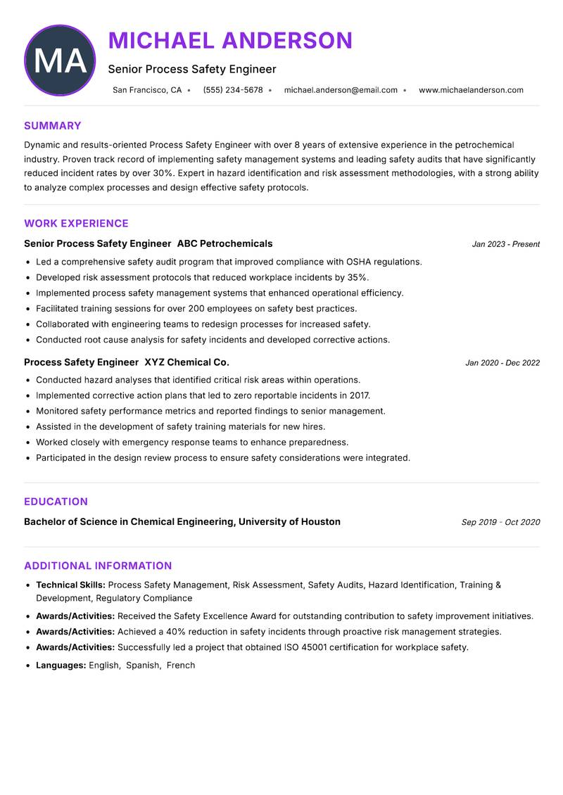 Process Safety Engineer resume example