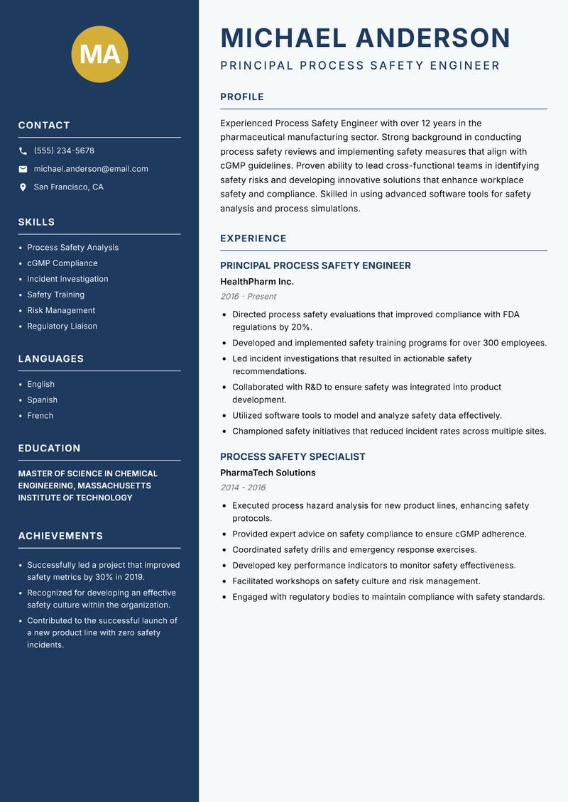 Process Safety Engineer resume sample — Principal Process Safety Engineer focus