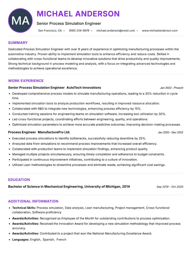 Process Simulation Engineer resume example