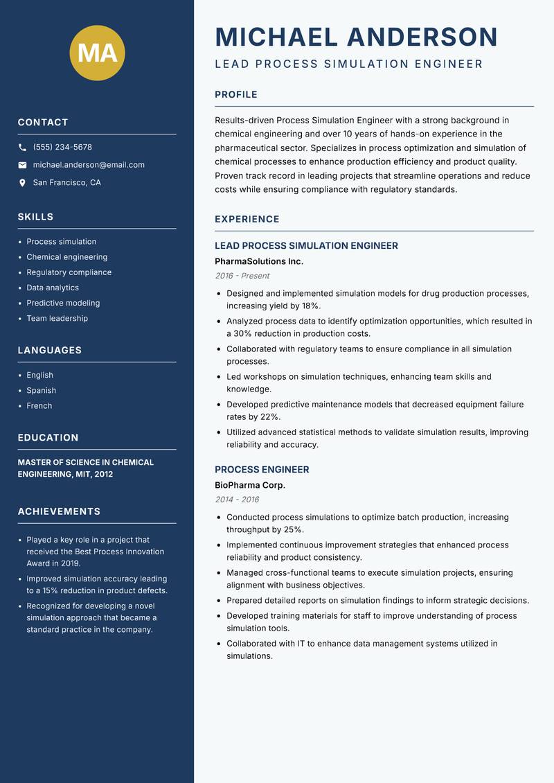 Process Simulation Engineer resume sample — Lead Process Simulation Engineer focus