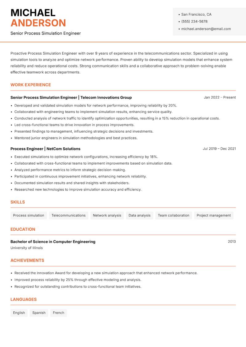 Process Simulation Engineer resume sample — Senior Process Simulation Engineer focus